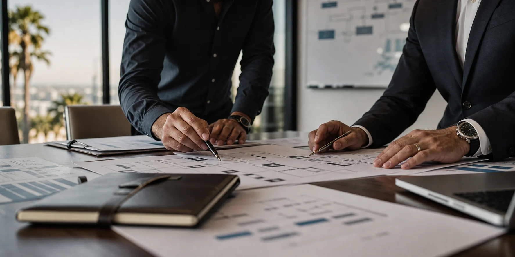 Two professionals reviewing an operating plan at a conference table