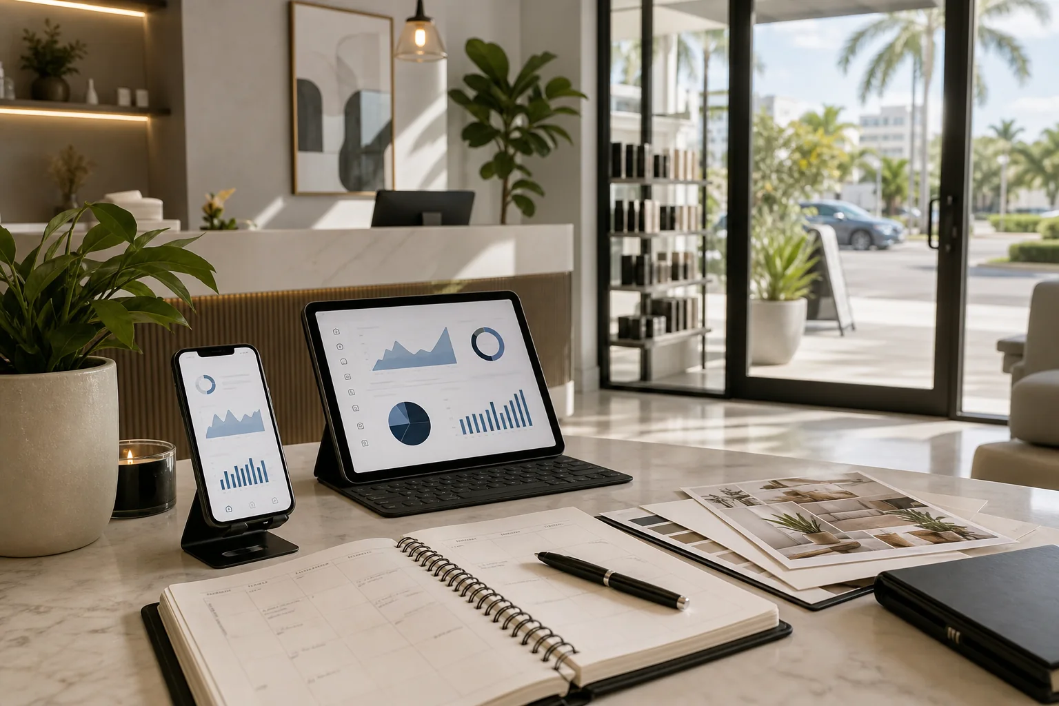 Local business reception with digital analytics on tablet and phone