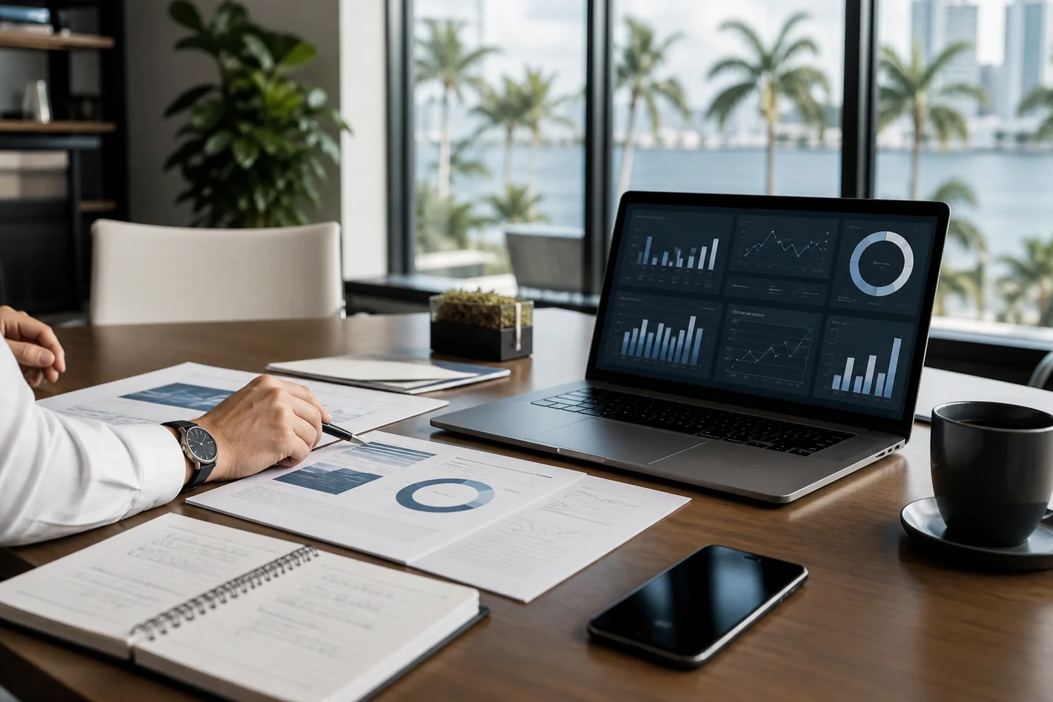 Executive dashboard, KPI reports, and operating notes on a conference table